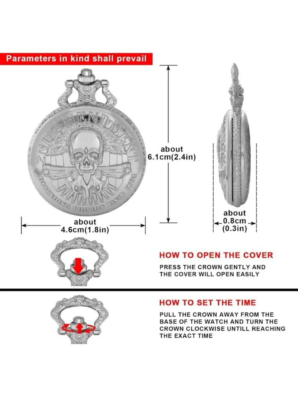 Men's Silver Analog Quartz Arabic Numerals Engraved Skull Vintage Pocket Watch